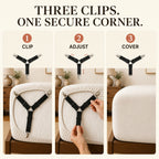 Three-step fitted-sheet strap installation guide: clip, adjust, cover
