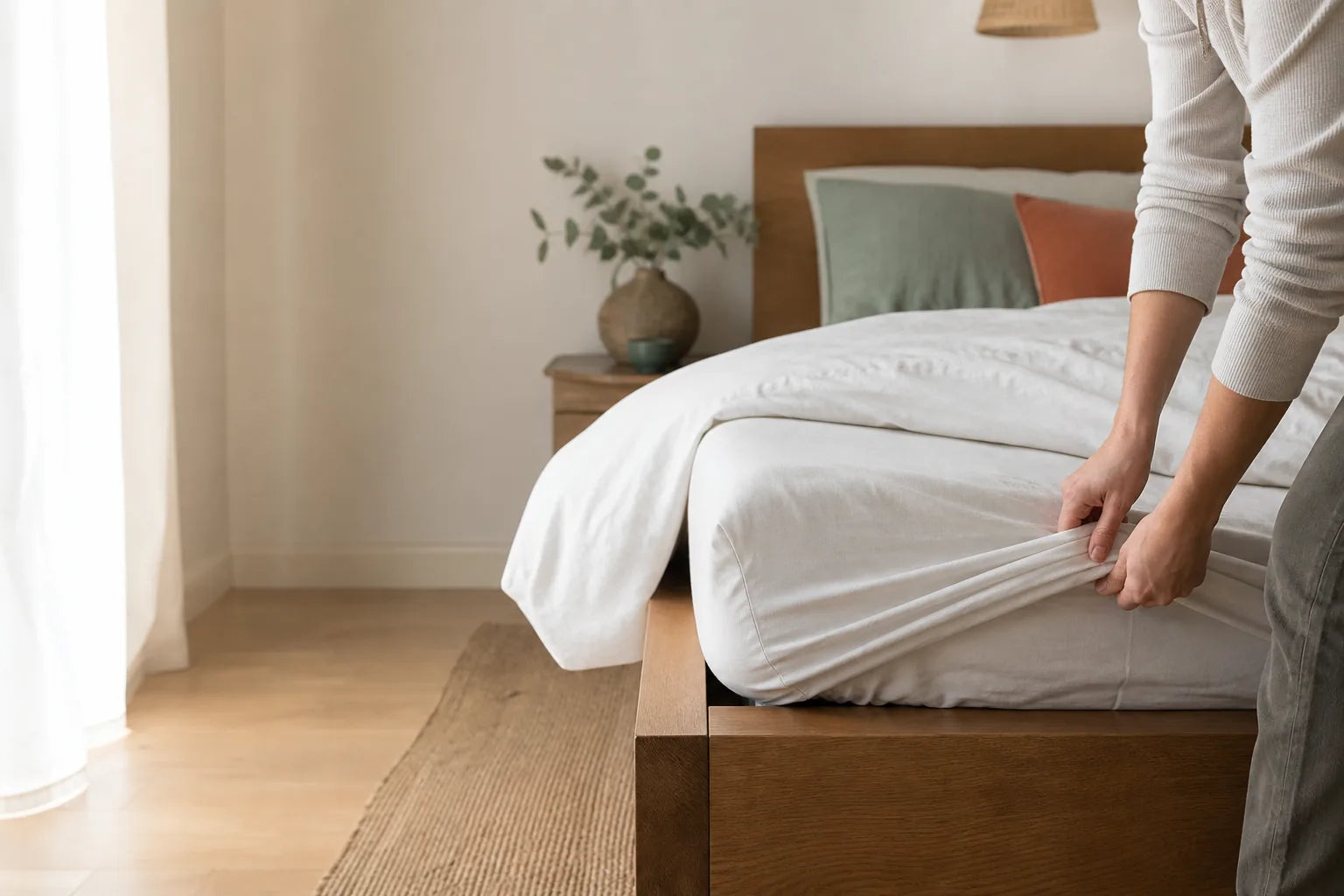 Hands securing a fitted sheet at the corner of a neatly made bed